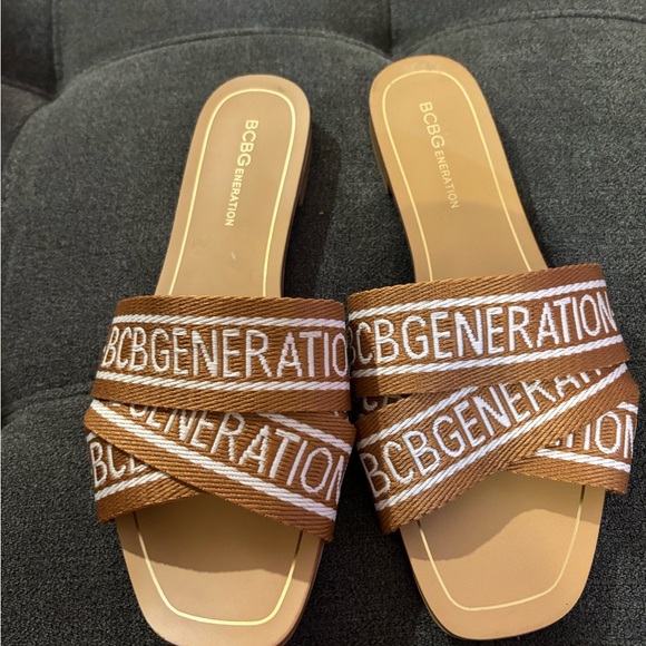 BCBG Brown and White Slide Sandals - Picture 1 of 5